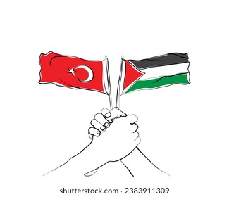 hand drawn line art vector of flags of turkey and palestine. Brotherhood and solidarity concept.