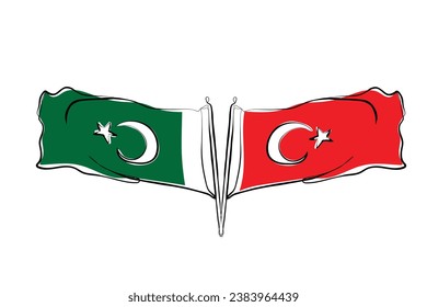 hand drawn line art vector of Pakistani and turkey flag waving placed together. long live Muslim brotherhood.