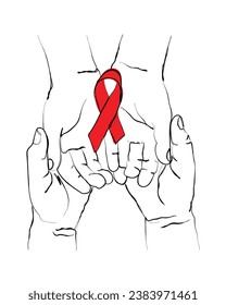 hand drawn line art vector of AID red ribbon in hand, a symbol of the fight against HIV, AIDS and cancer. concept of helping those in need