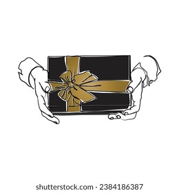 hand drawn line art vector of A guy holding a gift with a golden ribbon. Black gift box in hands. creative gift ideas for holidays.