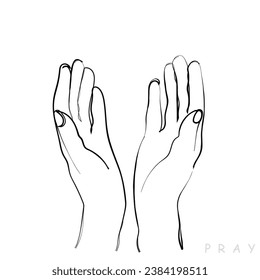 hand drawn line art vector drawing of a womans hands raised in prayer. pray concept.