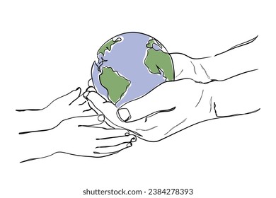 hand drawn line art vector of The man gives planet Earth to baby. Ecology concept, earth day. Environmental crises awareness. 