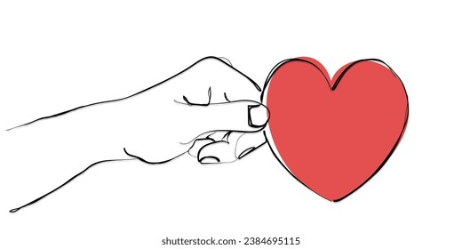 hand drawn line art vector of a hand gives a heart shape to its partner. Fall in love. Ready to give heart and soul. Invitation to get married. Romantic couple. Charity and humanitarian cause