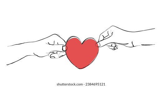 hand drawn line art vector of a hand gives a heart shape to its partner. Fall in love. Ready to give heart and soul. Invitation to get married. Romantic couple. Charity and humanitarian cause