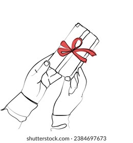 hand drawn line art vector of hands holding gift box wrapped. 