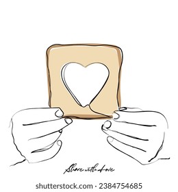 línea dibujada a mano vectores de las manos sosteniendo el pan con un corte de forma cardíaca. concepto de caridad con amor. compartir la comida con amabilidad y amor con los necesitados. Arte de conducir alimentos