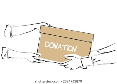 hand drawn line art vector of hand holding, receiving and giving donation box. Charity concept art