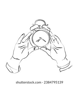 vector de arte de línea dibujada a mano de las manos sosteniendo el reloj que significa la importancia del tiempo. Arte de administración de tiempo