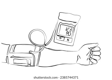 vector de arte de línea dibujada a mano de un brazo con un aparato de presión arterial atado. Salud y bienestar. Conciencia de la hipertensión.