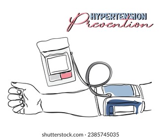 hand drawn line art vector of an arm with Blood Pressure Apparatus tied on it. Healthcare and wellness. Hypertension awareness.