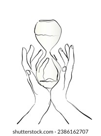 hand drawn line art vector of hands holding hourglass. Concept of time.