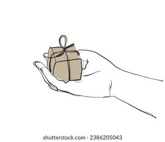 hand drawn line art vector of a hand holding a small box of gift wrapped in khaaki color wrapper. Vintage and classic gifts vector.