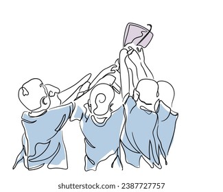 vector de arte de línea dibujada a mano de los Jóvenes Jugadores de Fútbol Holding Trophy. Niños celebrando el campeonato de fútbol. Equipo ganador de torneo deportivo para niños.