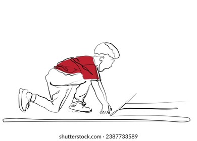 hand drawn line art vector of Young Asian boy running on blue track in the stadium during day time to practice himself. Isolated continuous line art doodle