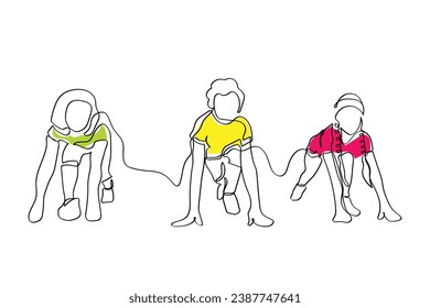 hand drawn line art vector of Smiling children on bending knees ready to run. Kids fun. 