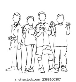 hand drawn line art vector of Sports and activities for children. Group of joyful boys and a girls engaged in various sports posing together. Education. Isolated over white background.