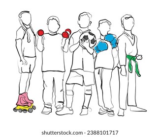 hand drawn line art vector of Sports and activities for children. Group of joyful boys and a girls engaged in various sports posing together. Education. Isolated over white background.