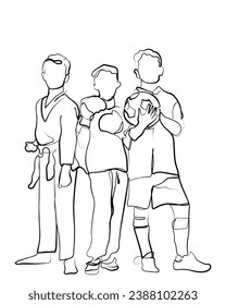hand drawn line art vector of Sports and activities for children. Group of joyful boys engaged in various sports posing together. Education. Isolated over white background.