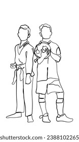hand drawn line art vector of Sports and activities for children. Group of joyful boys engaged in various sports posing together. Education. Isolated over white background.