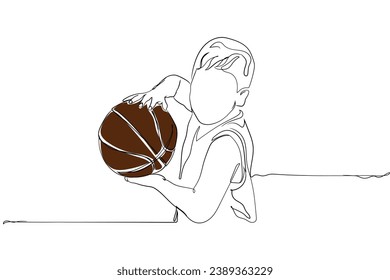 Handgezeichnete Linie Kunstvektor eines Kindes, das Basketball hält. Kindersport und Outdoor-Aktivität Konzept.