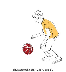 hand drawn line art vector of kids playing basketball. Adolescents sportive activities concept. Outdoors physical exertion for kids health and physical fitness.