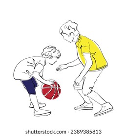 hand drawn line art vector of kids playing basketball. Adolescents sportive activities concept. Outdoors physical exertion for kids health and physical fitness.