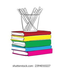 hand drawn line art vector of books and a pen holder. Literature and art