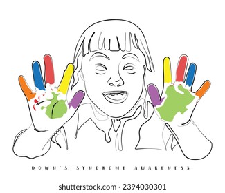 Hand drawn line art vector of a cute little girl with painted hands. Downs syndrome awareness.