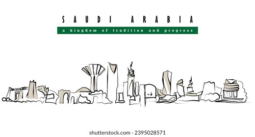 Hand drawn line art vector of skyline of saudi arabia. The saudi Kingdom postcard