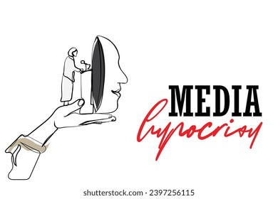 vector artístico de línea dibujada a mano de una mano sobredimensionada que apoya a una hablante femenina hablando frente a una máscara grande que simboliza mentiras y deshonestidad. Medios de comunicación y noticias falsas