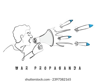 handgezeichnete Linie Kunst-Vektorgrafik eines Mannes schreit in ein Megaphon, startet Raketen, Kriegspropaganda, Anstiftung zu Hass.