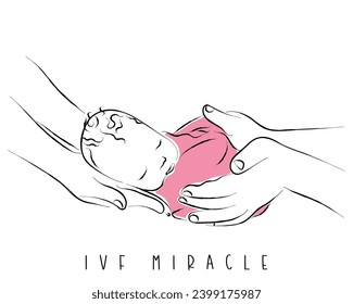 Hand drawn line art vector of Newborn baby lying on hands of parents. Imitation of baby in womb. manifestation of love. Health care concept, parenthood, children's Day, medicine, IVF