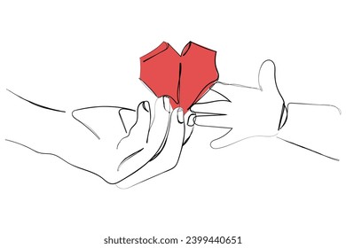 Hand drawn line art vector of Baby to takes red paper heart from mom's hands. Concept of love, care, adoption.