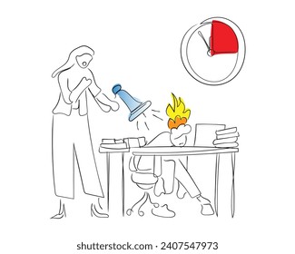 hand drawn line art vector of Set Deadline, Lack of Time, Stress in Office Concept. Furious Boss Scolding and Rebuking Incompetent Employees, Shouting on Businessman and Businesswoman at Workplace. 