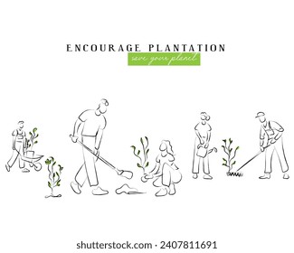 Hand drawn line art vector of people busy planting. Encourage plantation and save planet. climate change awareness.