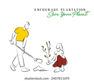 Hand drawn line art vector of people busy planting. Encourage plantation and save planet. climate change awareness.