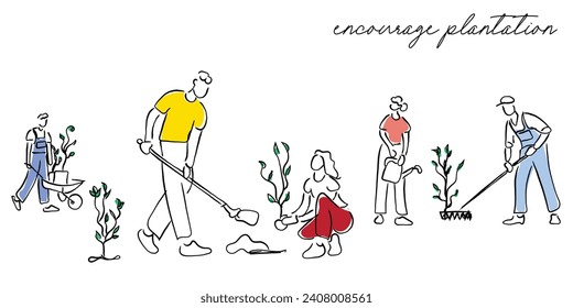 hand drawn line art vector of a team of volunteer busy planting trees. Climate change and importance of plantatiob.