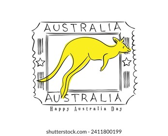 Vector de arte de línea dibujada a mano del sello australiano con canguro. Arte de Australia en línea de día.