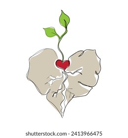 hand drawn line art vector of a stoned heart with a little alive heart with hope. Hope and Healing Concept