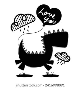Hand Drawn Line art vector of Lovesaurus poster. Loving and Cute Dinosaurs