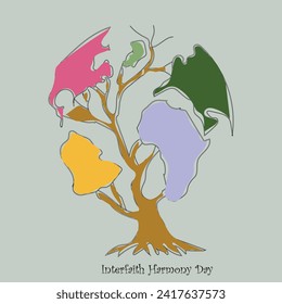 Hand Drawn Line art vector of Interfaith Harmony Poster. Tree art. Respecting faiths bring people closer. 