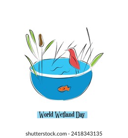 Hand Drawn Line Art Vector of Wetland Day poster. Preserve Wetlands to Prevent Ecosystem.