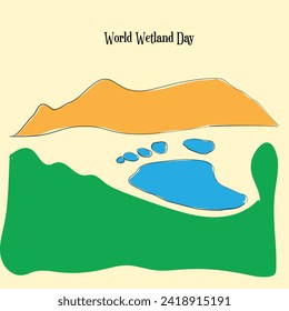 Hand Drawn Line Art Vector of Wetland Day poster. Preserve Wetlands to Prevent Ecosystem.