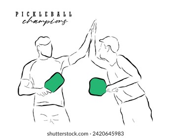 Hand drawn line art vector of Pickleball Champions. Pickleball poster art. Sports concept