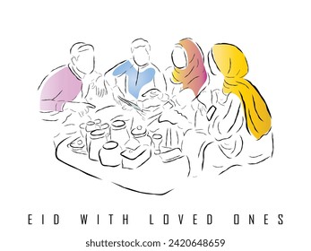 hand drawn line art vector of Muslim family and friends celebrating EID. Muslims get together. Happy Ramadan.