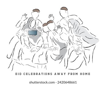 hand drawn line art vector of Muslim family and friends celebrating EID. Muslims get together. Happy Ramadan.