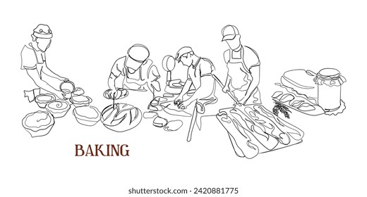 hand drawn line art vector of Home made sourdough bread prep process. Bakers and their hard work. Bread making industry.