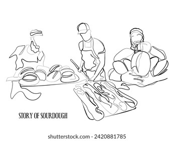 línea dibujada a mano vector de arte del proceso de preparación de pan de masa casera. Los panaderos y su duro trabajo. Industria de producción de pan.