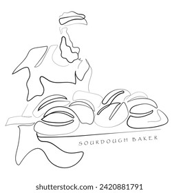 hand drawn line art vector of Home made sourdough bread prep process. Bakers and their hard work. Bread making industry.