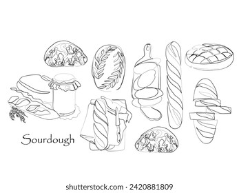 hand drawn line art vector of Home made sourdough bread prep process. Bakers and their hard work. Bread making industry.